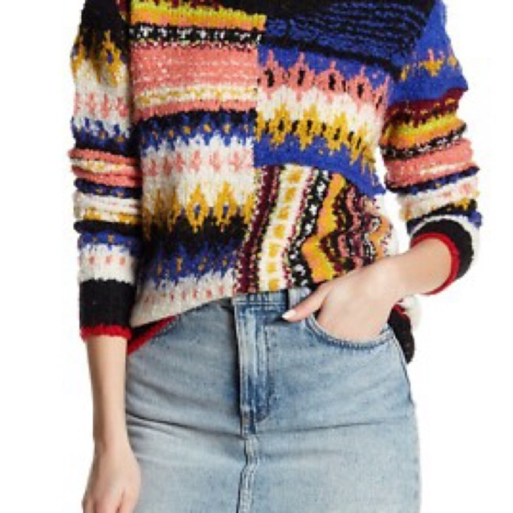 Free People Best Day Ever novelty sweater featuring colorful patchwork design 🆕 - Picture 2 of 12